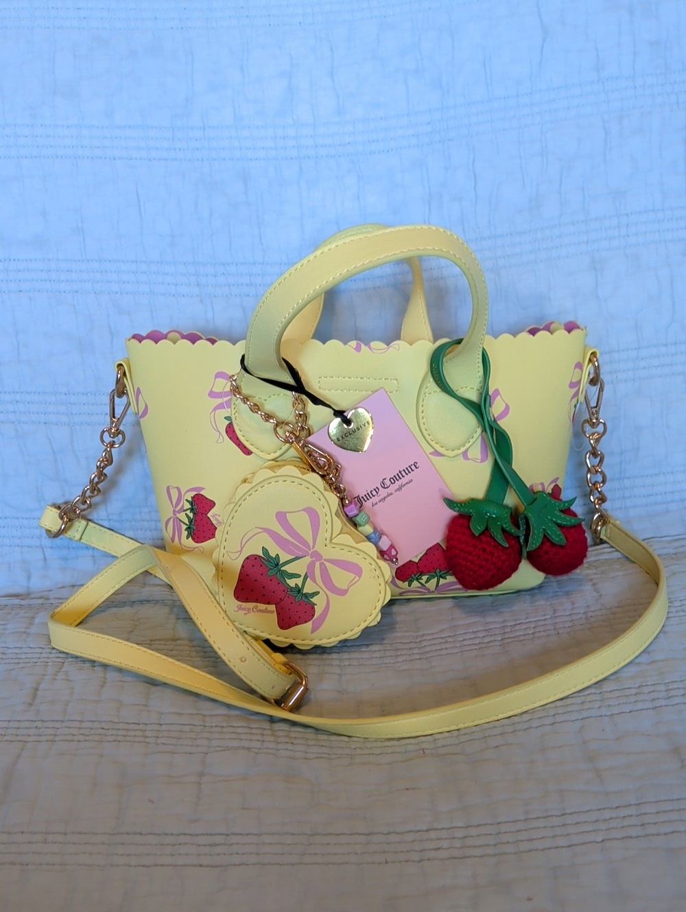 Exclusive Juicy Couture Yellow Strawberries Scalloped Tote with Crossbody Strap